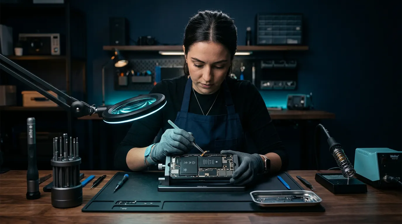 FoneSelect technician carrying out a precision smartphone repair in Southall