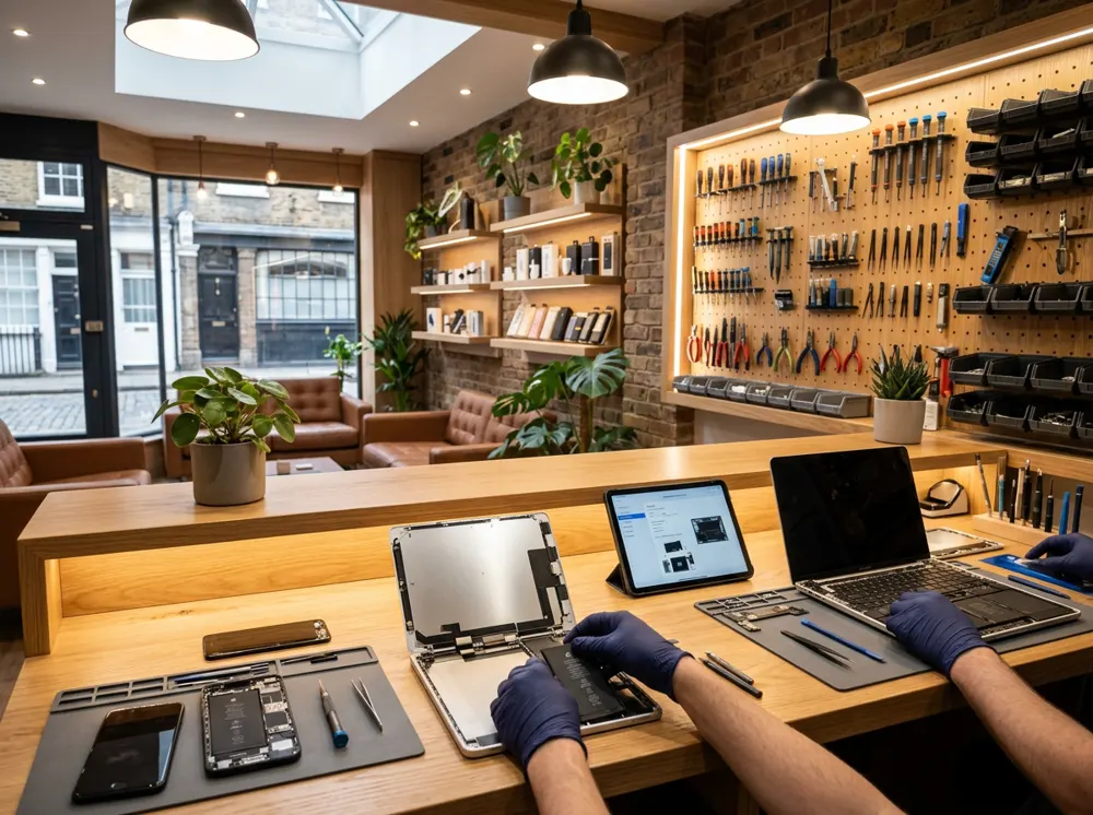 Inside the FoneSelect Repair Centre workshop in Southall, with phones, an iPad and a laptop being repaired
